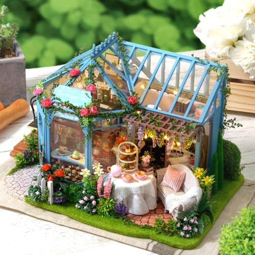 CUTEROOM DIY Miniatur Haus Bausatz für Erwachsene, Puppenhaus Gewächshaus mit LED Licht, Rosengarten Teehaus, 3D Puzzle Buchstütze aus Holz Modellbausatz