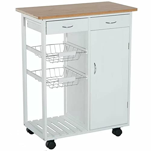 BAKAJI Carrello da Cucina Salvaspazio in Legno Bianco con 2 Cestelli Portafrutta in Acciaio Cassetti Portaposate Piano d'Appoggio con 1 Anta e 4 Ruote Girevoli a 360 Gradi