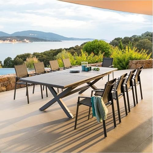 HESPERIDE - Table de Jardin Extensible Axiome Gris Foncé - 10 Places - Aluminium Traité Epoxy Antirouille - Meuble d'Extérieur à Rallonge Automatique