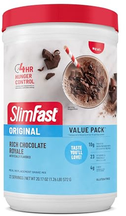 SlimFast Polvo de reemplazo de comidas, chocolate real rico original, mezcla de batido para pérdida de peso, 0.39 onzas de proteína, 22 porciones