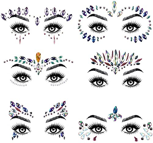 URAQT Glitzersteine Gesicht, Glitzer Gesicht Edelsteine für Karneval,6PCS | Strasssteine Gesicht Aufkleber Temporäre Tattoo Glitzersteine Selbstklebend Juwelen Kristall für Karneval Party