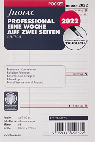 Filofax Pocket Prof.1 Woche auf 2 Seiten (deutsch)2022