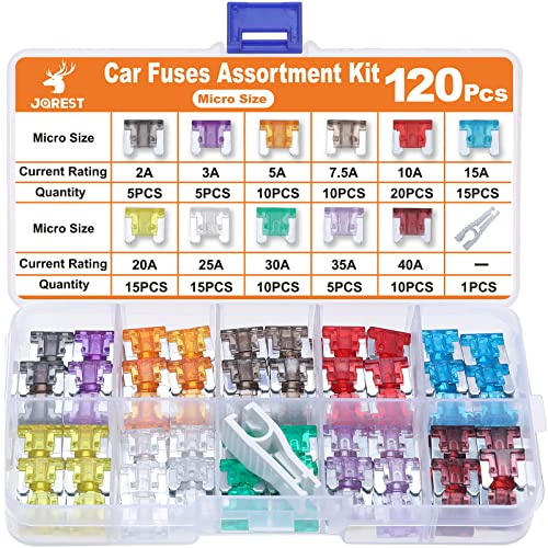 JOREST Micro 120Pcs Car Fuse Kit - Replacement Fuses Assortment Kit for Car/RV/Truck/Motor (2Amp 3A 5A 7.5A 10A 15A 20A 25A 30A 35A 40A) - Micro Blade Fuses Automotive (Low Profile Mini Fuse) + Puller