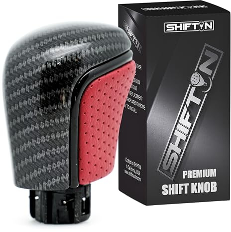 SHIFTIN Black Leather Replacement Gear Shift Knob Gearbox Shifter Head for Toyota Camry Corolla Avalon (Red Leather/Carbon Fiber)