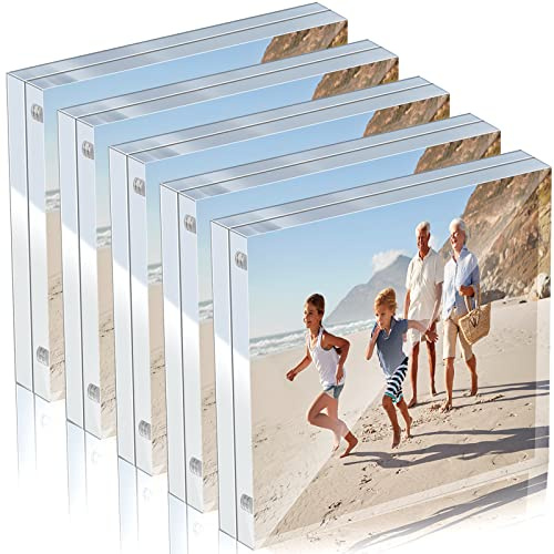 Yalikop 5 Pack 4 x 4 Inches Acrylic Picture Frame Desktop Frameless Photo Frame Double Sided Transparent Acrylic Frame Clear Horizontal Magnetic Frame for Desk Desktop Display Pictures Holder