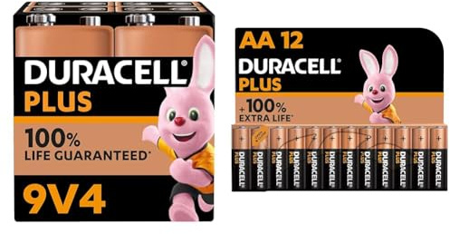 Duracell Plus Pilas 9 V (Pack de 4) - Alcalinas - 100% de duración Garantizada - Fiabilidad & Plus Pilas AA (Pack de 12) - Alcalinas 1,5 V - hasta 100% de Extra duración