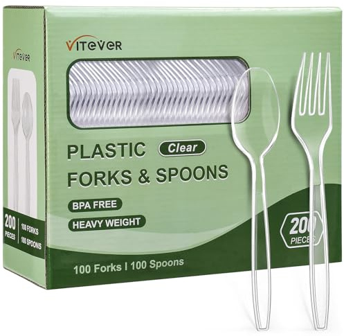 [200 Count] Disposable Plastic Silverware, Heavy Duty Forks and Spoons Set, Durable Plastic Utensils Cutlery Set for for Parties, Picnics, Big Event, Daily Use - Bpa free
