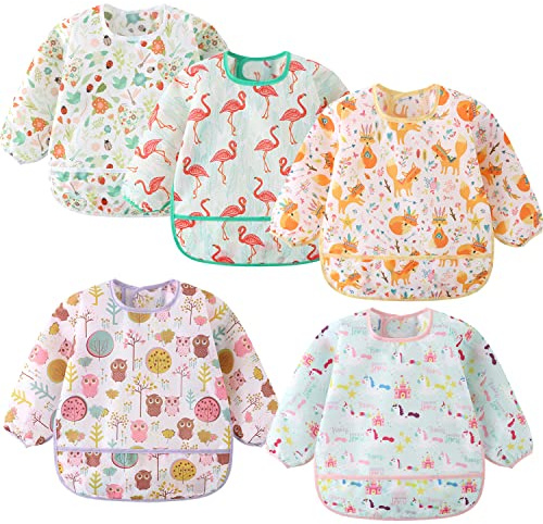 ElecMotive 5 Pack Long Sleeve Bib,Baby Toddler Waterproof Sleeved Bib for 6-30 Months Reusable with Catch-all Pocket