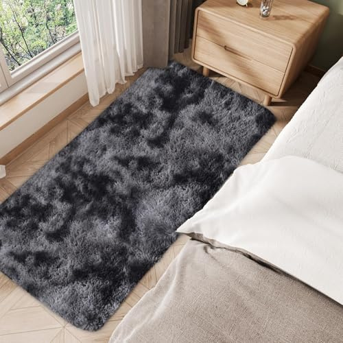 ConCus-T Tapis de bain gris à poils longs pour chambre de filles et garçons, tapis de jeu en fausse fourrure pour baignoire, salon, gris foncé, 60 x 120 cm