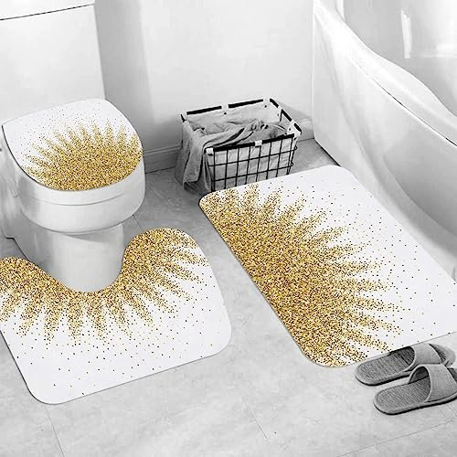 EKSED Badteppich 3 Stück Weiche saugfähige Badematten,Gold Dreiecke Glitter Luxus Funkelnde Konfetti,rutschfeste Badematte Teppiche & Toilettendeckelabdeckung Set Waschbar