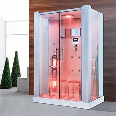 PureHaven - Doccia a vapore 2 in 1 e sauna a infrarossi, 145 x 90 cm, con telaio in alluminio, accessori completi, doccetta tropicale, seduta radio, funzione massaggio bianco
