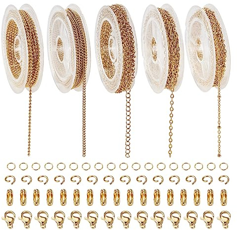 PandaHall 5 Rollen 304 Edelstahl Halskette Kette Golden Gelötet Panzerketten Kugelperlen Ketten mit Biegeringe Verschlüsse für Schmuckherstellung