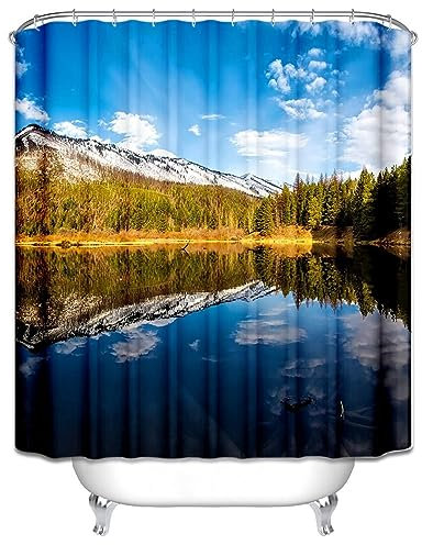 Homxi Ösen Duschvorhang,120 W x 180 H cm,Badvorhang Blau Seenlandschaft Polyester Duschvorhangringe Weiss