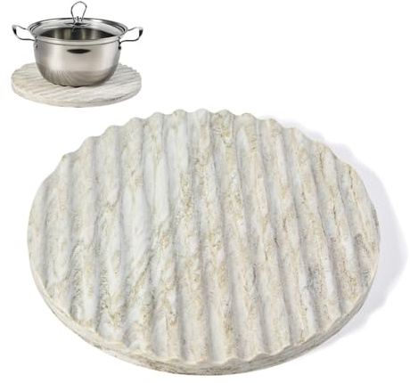 Koville Italian Natural Marble Trivets for hot pots and Pans, Wave-Shape Surface Heat-Resistant Marble Tray, 9.5” Round Stone Tray with Stripe Grooves Multi-Purpose Trivet Stone Trays(Coffee Brown)