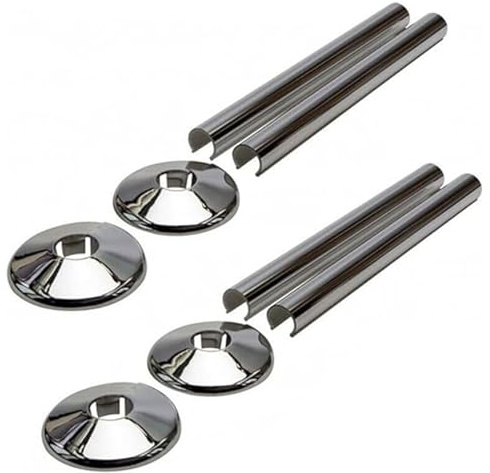 BBTISG 8 Pcs Radiator Pipe Covers, Chrome, 200mm Long, 15mm Pipe, Central Heating, Plastic, 4 Covers & 4 Pipes