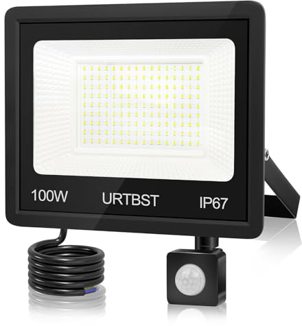 URTBST Faretto LED da Esterno Con Sensore di Movimento, 100W 10000LM, IP67 Impermeabile, 7000K Bianco Freddo per Giardino, Patio