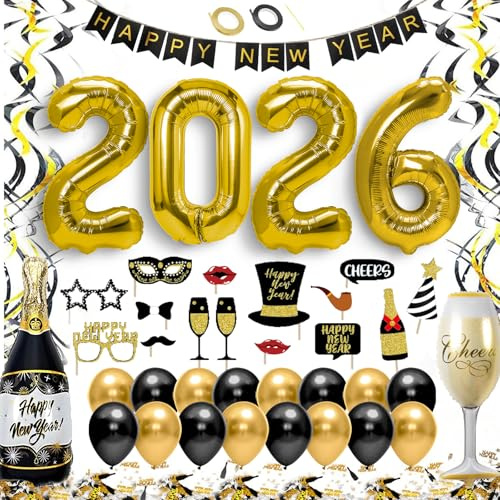 Silvester Deko 2026 XXL Set - Neujahr Silvesterdeko, Happy New Year Girlande, Folienballons, Fotorequisiten, Konfetti & Ballons für eine unvergessliche Silvesterparty (XXL)