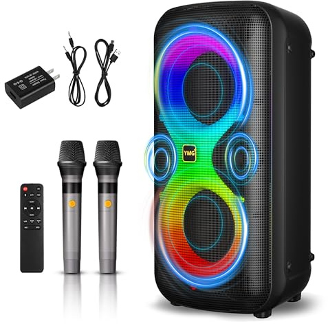 YMG Karaoke Machine 2 Wireless Microphones, Portable Blue Tooth Karaoke Party Speaker for Adults & Kids 300W Peak Super Deep Bass PA System Boombox Large Subwoofer LED Disco Lights for Home Outdoor