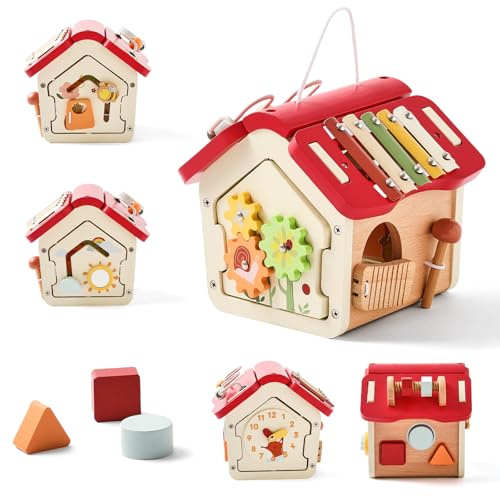 Youuys Cubo de Actividad de Madera 10 en 1, Juguete Montessori en Forma de casa con Techo Reversible, Juguete multifunción para Cubos de motricidad a Partir de 1 año (Rosa)