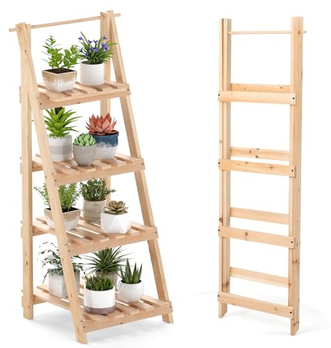 HOMASIS Pflanzenregal mit 4 Ebenen, Klappbares Blumenregal aus Tannenholz, Blumenständer Pflanzenständer Outdoor Indoor, Leiterregal Blumentreppe für Garten Balkon Terrasse, 52 x 38 x 109 cm, Natur
