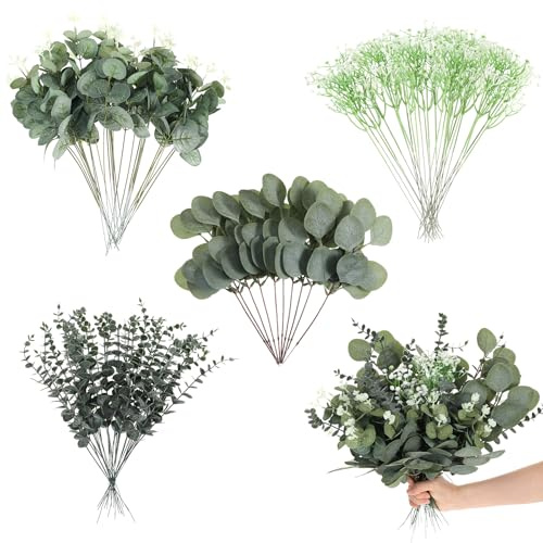 Abeillo 100 Pcs Artificial Eucalyptus Stems, 4 Kinds Mixed Fake Eucalyptus Leaves Silver Dollar Picks Greenery Stems Branches for Wedding DIY Bouquets Floral Arrangement Home Decor