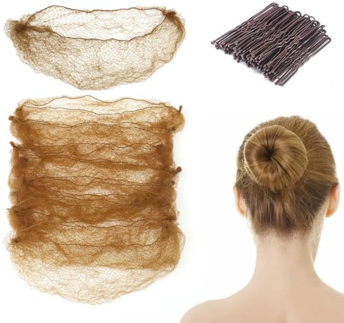 25 retine per capelli per chignon e 50 forcine a forma di U, colore marrone, 50 cm, rete per capelli invisibili per donne, ragazze, ballerini, infermieri, colore marrone