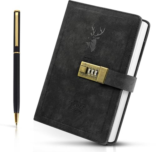 KornaDoz 240 Lined Pages A5 PU Leather Journal with Combination Lock, Retro Locking Diary for Privacy, Hardcover Locked Notebook for Writing & Secrets, Gift for Adults, Teens, Girls, Boys - Black