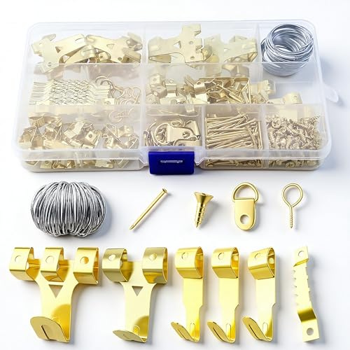 300pcs Picture Hooks Picture Hanging Kit for Picture Frame Fixing Hard Walls Photo Hooks Assorted Picture Hanger Set with Saw Tooth, D-Ring, Nails, Wire,Screws