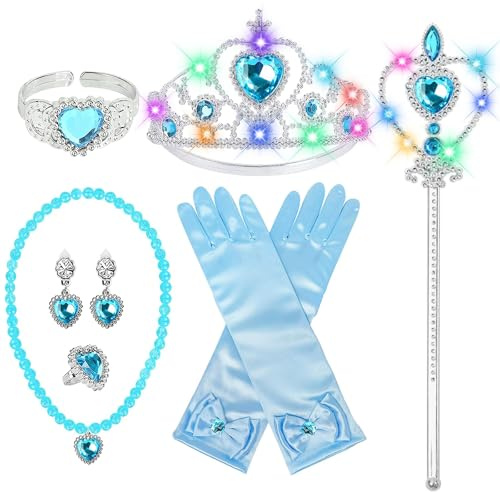 YUYWWAN Accessoire Princesse Fille 7 Pièces Princesse Accessoires pour Costume Dress Up Bleu avec Diadème Lumineux Baguette Magique Gants Bague Boucles d'Oreilles Collier Bracelet