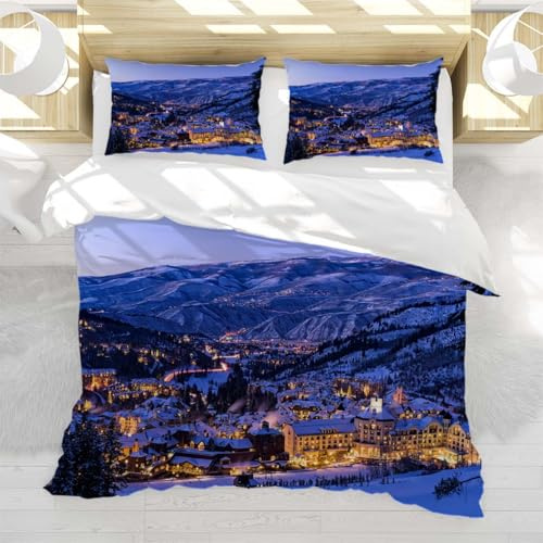Winter Duvet Cover Set King Size Beaver Creek Resort Winter Skiing at Dusk 3-Piece Bedding Cover Set for Women and Men,Ultra Soft,Breathable