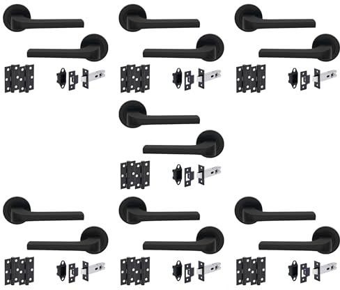 Hunta HANDLEZONE® Vento Matt Black Internal Door Handle Pack - 7 Pack - Lever on Rose Set - 76mm Tubular Latch (57mm Backset) & 2 Ball Bearing Hinges - Passage for Internal Wooden Doors