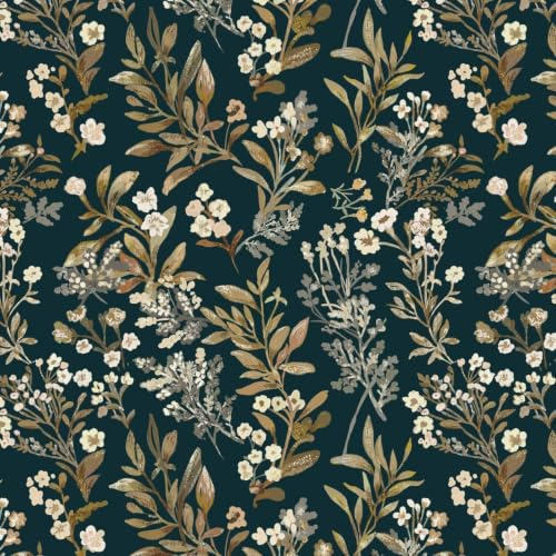 Timeet Self Adhesive Wallpaper Dark Teal Peel and Stick Wallpaper 44x300cm Sticky Back Plastic Gold Floral Vinyl Wrap Waterproof Removable for Bedroom Living Room Cabinets