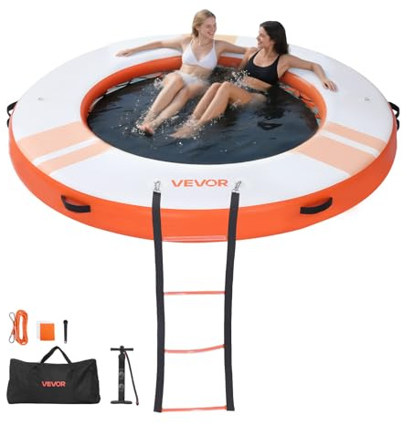 VEVOR Colchoneta para Piscina, Diámetro de 2,44 m, Flotador Inflable Gigante Redondo, con Centro de Malla Escalera Desmontable, Hamaca Inflable Isla de Agua para Piscina Playa Lago, Naranja y Blanco