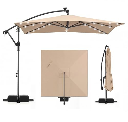 COSTWAY Ombrellone da Giardino 250 cm, con 32 Luci LED, Tettuccio Girevole e Ventilato | Protezione Solare, Resistente, Sacchi di Sabbia, per Balcone, Esterno, Spiaggia (Marrone, 32 Luci LED)