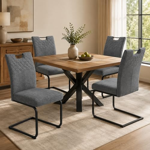 JIEXI Freischwinger Esszimmerstühle 4er Set – Schwingstuhl Stuhl Mit Stoffbezug, Gesteppter Rückenlehne & Metallgestell, Küchenstuhl/Essstuhl Modern, Bequem & Stabil (4 Graue Stühle)