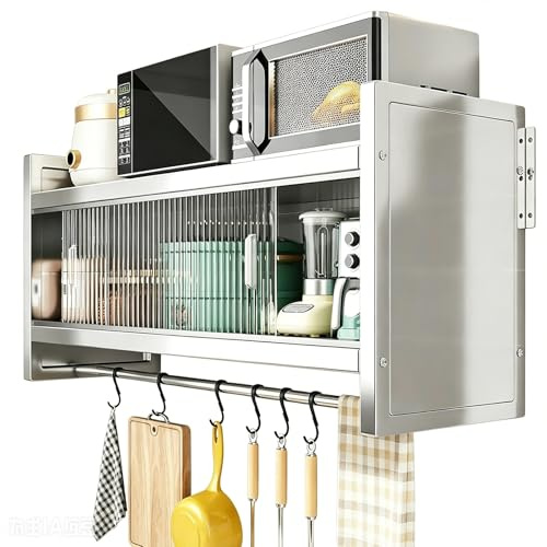 Pensile Cucina Sospeso in Acciaio Inox Vetrinetta Espositiva da Parete Senza Pannello Posteriore Capacità di Carico a Singolo Ripiano 25kg per Casa Garage Magazzino(120x32x46cm)