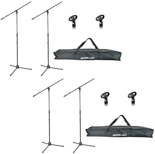 4 x ADAM HALL Eco Mikrofonständer Mikrofonstativ S5B mit Galgen/Schwenkarm, Höhe 98-162 cm, Mikrofonklammer/Mikrofonklemme schwarz + 2 x Tragetasche für 2 Stative