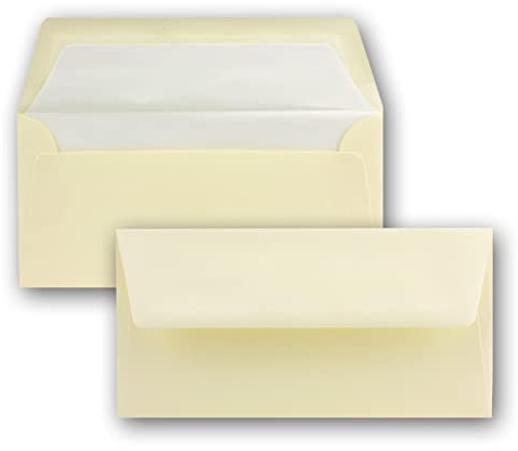25x Briefumschläge in Ivory (Creme) - DIN Lang - 22 x 11 cm - mit gehämmerter Oberfläche - gefüttert mit weißem Seidenpapier - Nassklebung, gerade Klappe - ideal für Geburtstag und Hochzeit