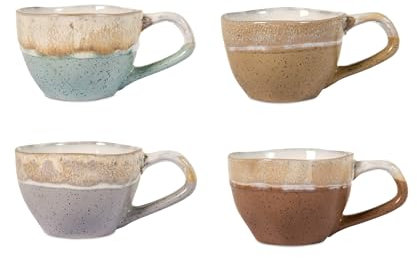H&H Malika – Set 4 Tazzine da Caffè 110 ml in Stoneware, Colori Assortiti, Effetto Artigianale, Decorazione Bicolor Puntinata, Robuste ed Eleganti, Ideali per Espresso