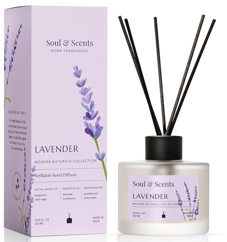 Soul & Scents 120Ml Lavender Reed Diffuser Set | Free 6 Fiber Reed Sticks | Toxin Free & Stress Relief | Long Lasting | Smoke Less Room Freshener for Home, Bedroom, Living Room & Office