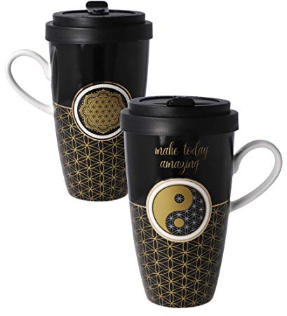 Kaffee to go Becher, Tasse YING YANG schrz mit Deckel 500ml Goebel Porzellan WA