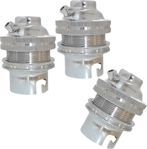 3 Pack Traditional Earthed Solid Brass Lampholder with Shade Retaining Ring | Silver Nickel Finish | B22|B22D | Bayonet Cap