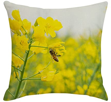 AMDXD Linen Pillowcase, Pillowcase 40 x 40 cm Yellowish Rapeseed Flowers and Bees Model Sofa Pillow Case (Linen, 1 Pieces)
