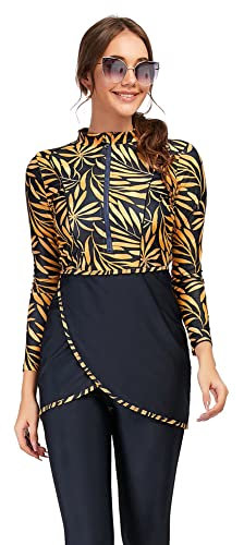 OBEEII Muslimische Bademode, 3-teilige Bademode Modest Islamic Burkini Surf Suit Sunscreen UPF 50+ Beachwear Built in Bra Full Cover Muslim Swimsuits Gelbe Blätter XL