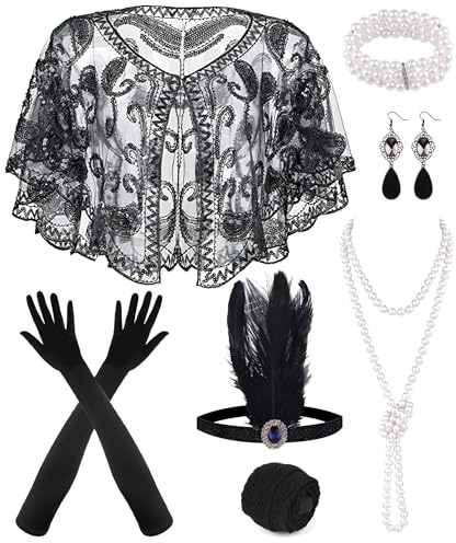PLULON 10-teiliges 1920er Flapper Great Gatsby Accessoires-Set Fashion Roaring 20's Theme Set mit Stirnband, Kopfbedeckung, langen schwarzen Handschuhen, Halskette, Ohrringen für Frauen
