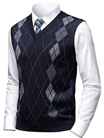 Herothorn Men's Business Sleeveless Sweater Vest Slim Fit Wool Knitted Gilets Jumper Gentleman Argyle V-Neck Pullover Tank Top for Autumn Winter