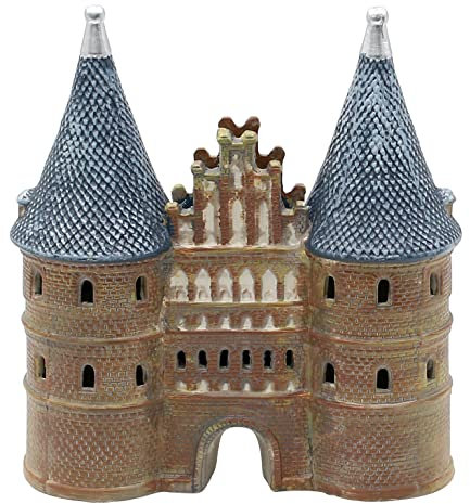 Dekohelden24 Windlicht - Lichthaus Holsten-Tor Lübeck aus Porzellan inkl. Beleuchtung, Maße L/B/H ca. 20 x 8 x 22 cm