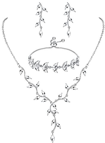 Morfetto Brautschmuck Set für Hochzeit Frauen Strass Halskette Teardrop Baumeln Ohrringe Armband für Braut Brautjungfer Kristall Braut Prom Kostüm Schmuck Zubehör für Hochzeitsfeier Silber