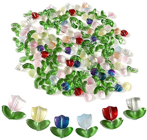 160Pcs Tulip Glass Flower Beads - Translucent Colorful Loose Spacer Beads for Jewelry Making, Crafts, DIY Bracelet