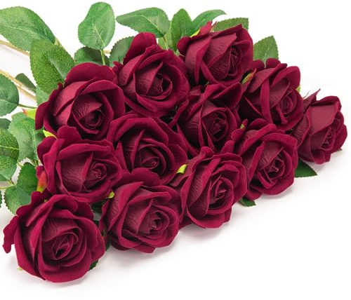 OWLKELA Künstliche Rosen, Flanell-Blumen, einzelner langer Stiel, Blüten mit Rosenknospen, realistische dekorative Blumen für Hochzeit, Haus, Garten, Geburtstagsparty, Dekoration, Weinrot, 12 Stück